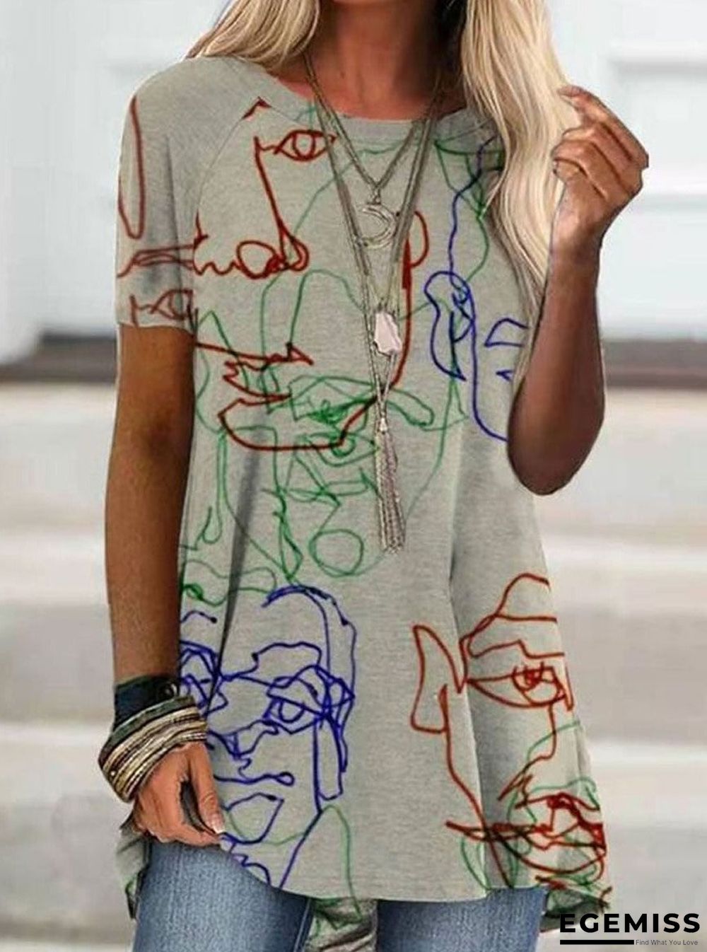 Crew Neck Vintage Print Short Sleeve T-shirt | EGEMISS