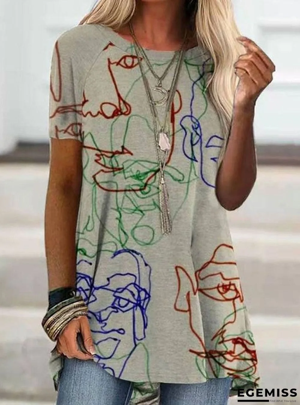 Crew Neck Vintage Print Short Sleeve T-shirt | EGEMISS