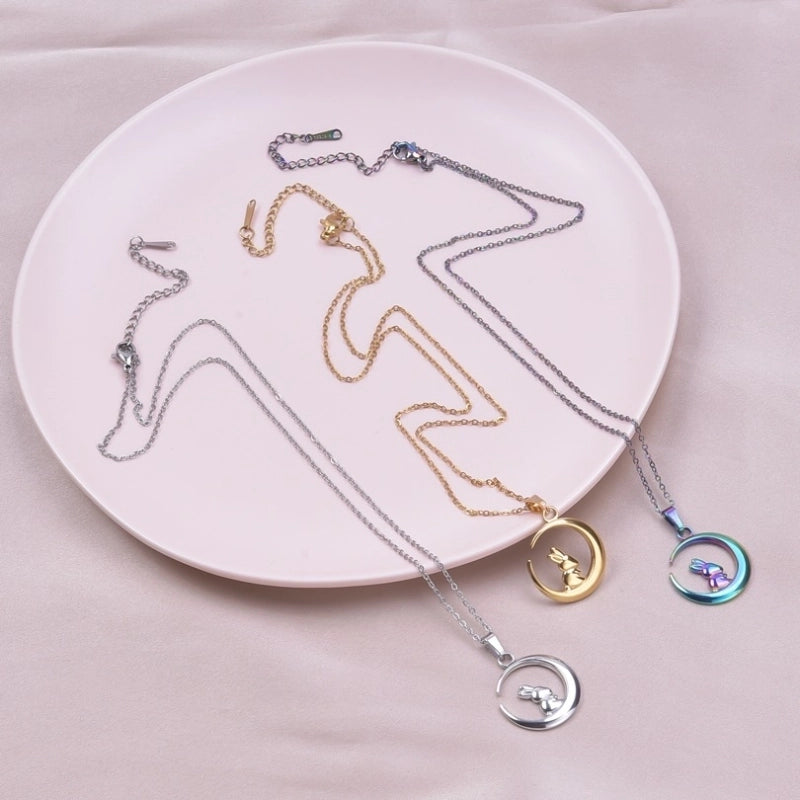 IG Style Cute Rabbit Moon 304 Stainless Steel 18K Gold Plated Pendant Necklace