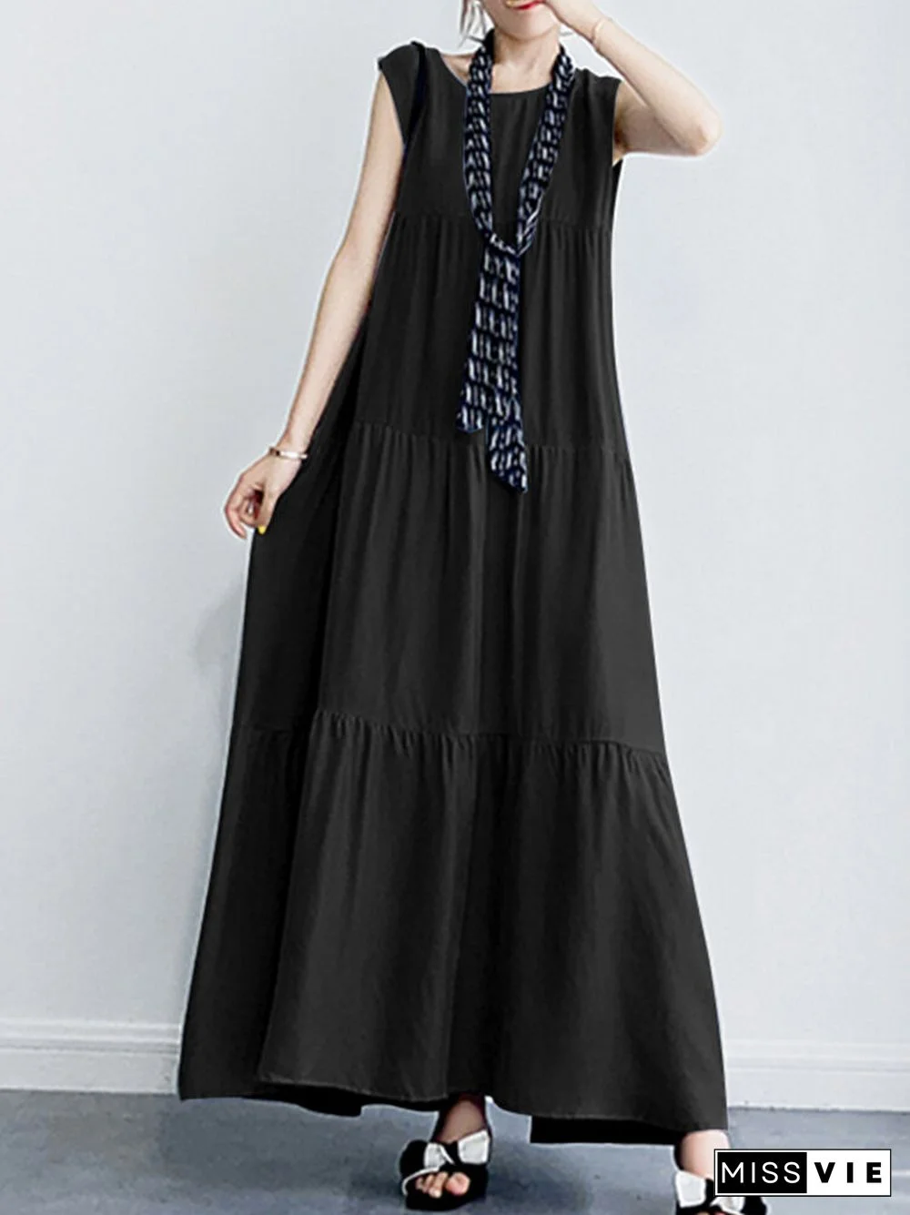 Solid Ruffle Sleeveless Vacation Casual Maxi Dress