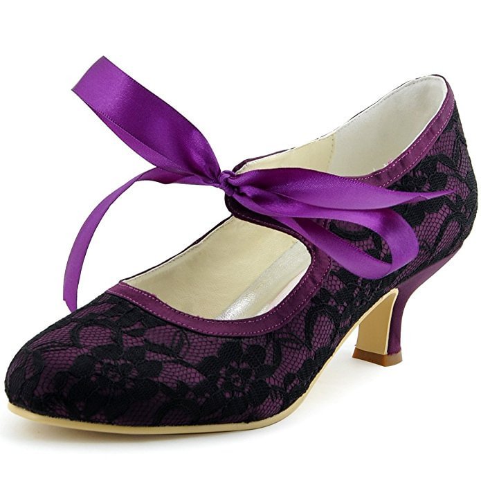 Purple Lace Heels Tie up Vintage Pumps for Wedding |FSJ Shoes