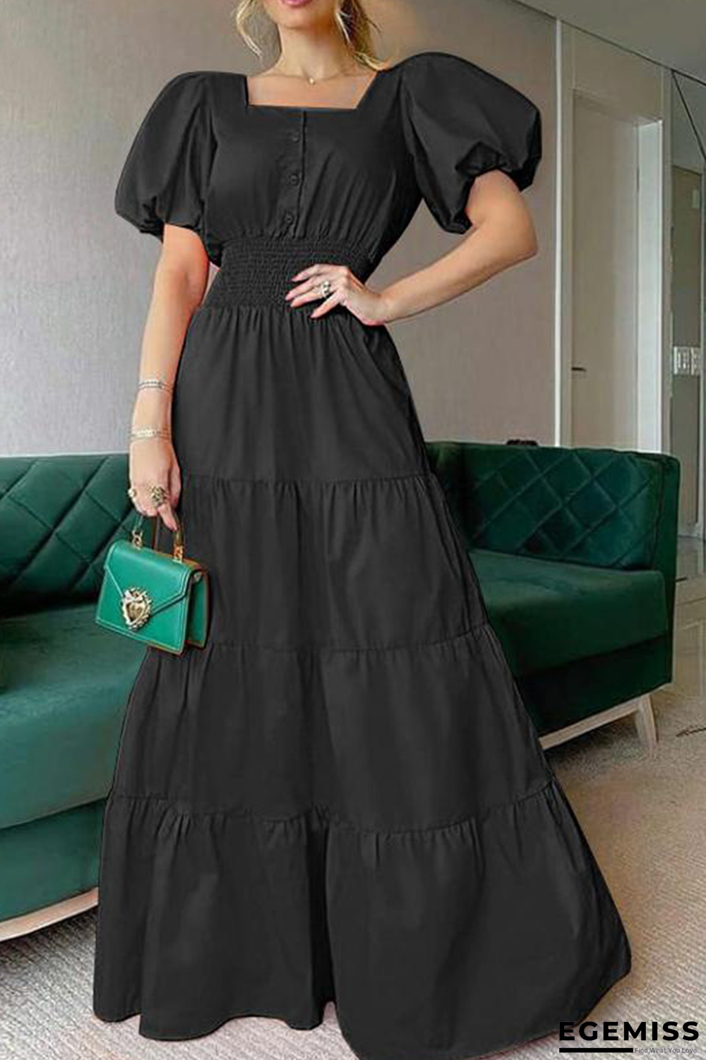 Black Casual Solid Patchwork Square Collar Cake Skirt Dresses | EGEMISS