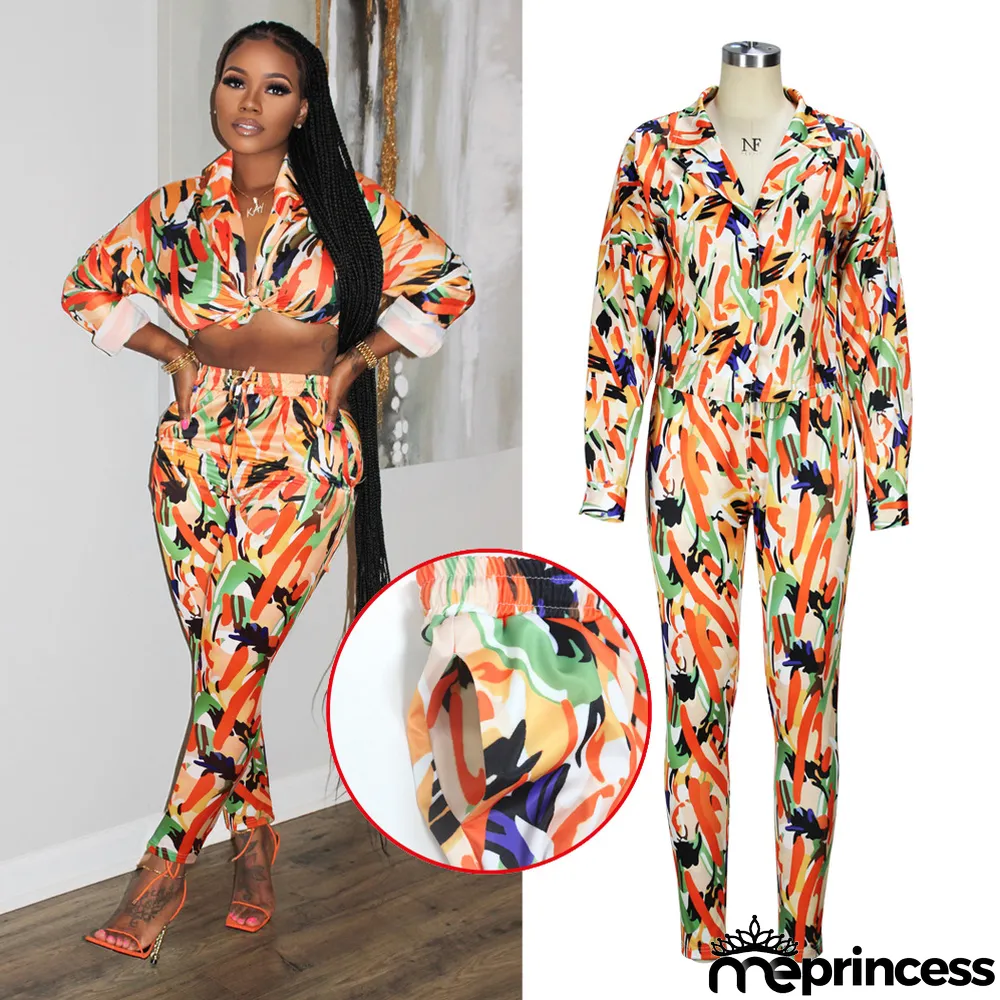 Spring/Summer Knotted Crop Print Turndown Collar Shirt Pants Suit Fall/Winter Women's Two Piece Set