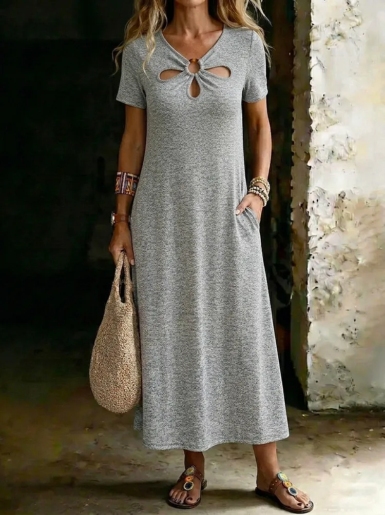 Women&rsquo;s Casual Cutout Neck Grey Marl Short Sleeve Cotton Maxi Dress