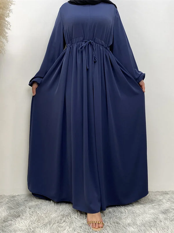 Drawstring Elasticity Muslim Pleated Solid Color Zipper Long Sleeves Loose Round-Neck Maxi Dresses