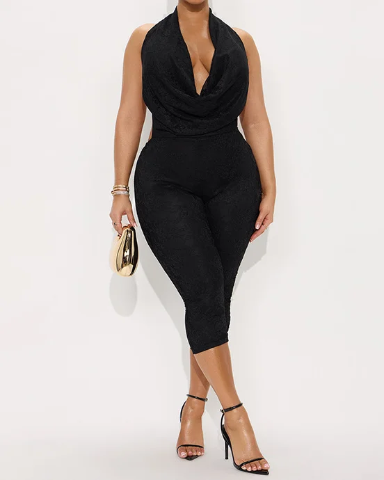 Lace Drape Solid Color Cropped Jumpsuit