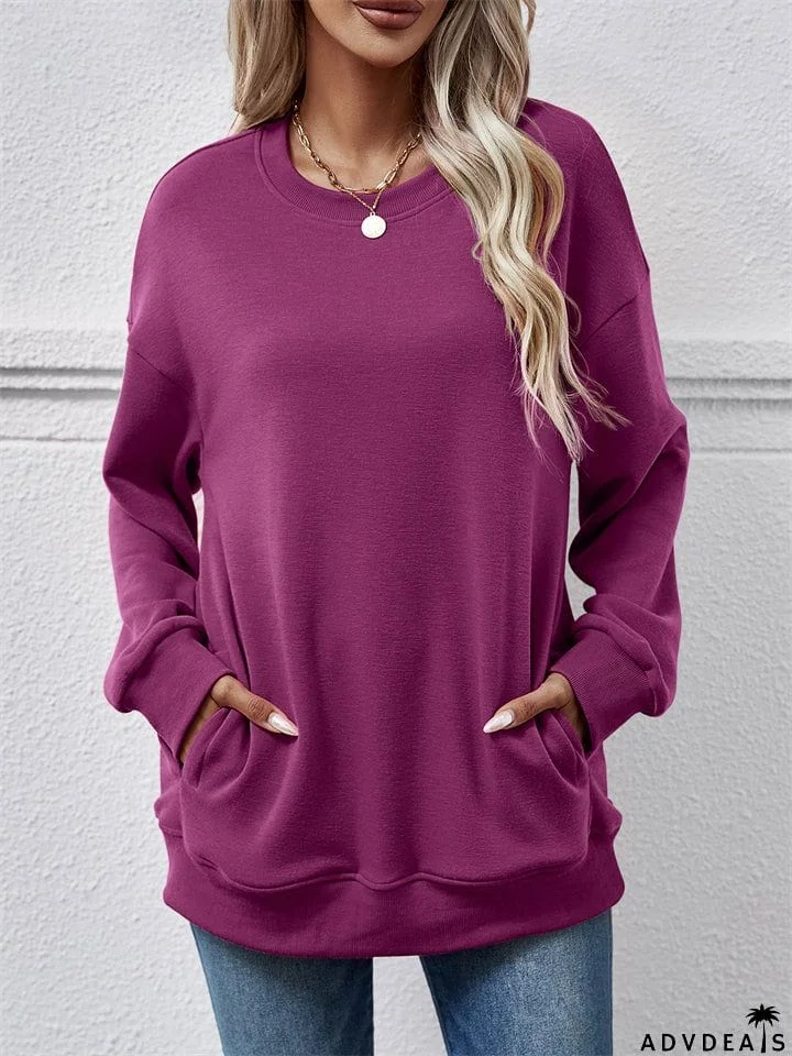 Women's Fleece Loose Round Neck Pocket Tops Hoodies