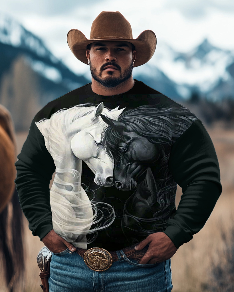 Men's Plus Size Street Fashion Western Black and White Horse Print Long Sleeve Sweatshirt