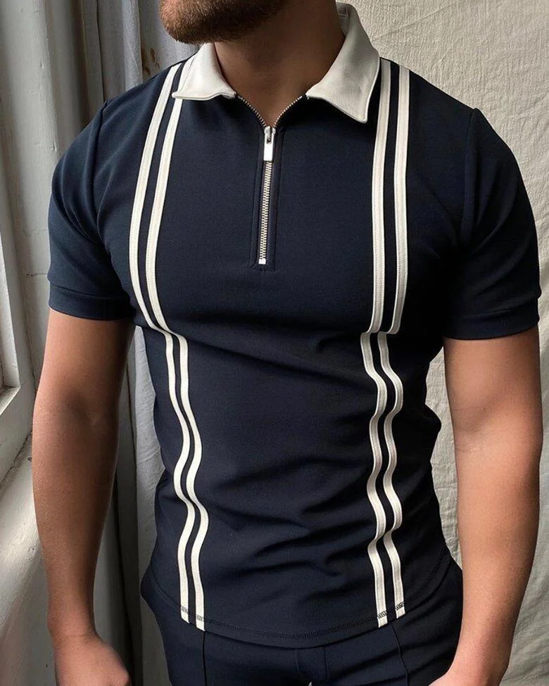 Casual Elegant Striped Stitching Short-sleeved Polo Shirt