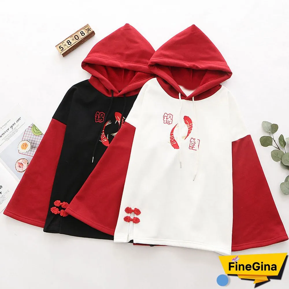 Vintage Koi Fish Letter Embroidery Hoodie
