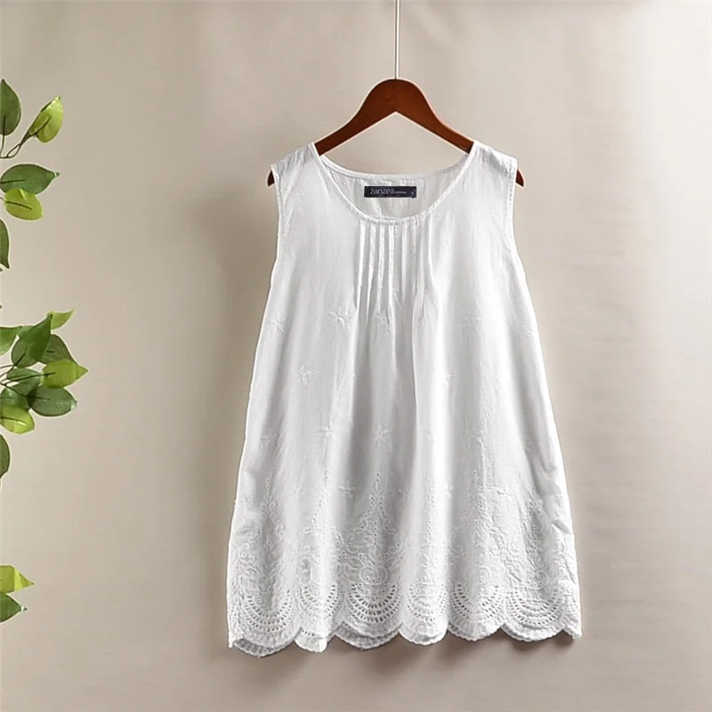 Women Tanks Tops ZANZEA Summer Sleeveless Cotton Linen Blouse Hollow Out Shirt Vintage Embroidery Tops Female Solid Blusas