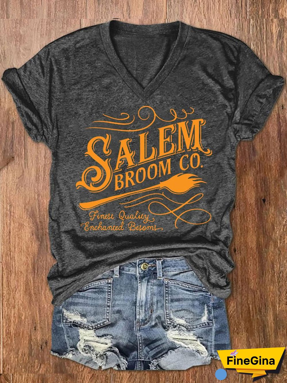 Women's Halloween Salem Broom Co. Casual V-Neck Tee