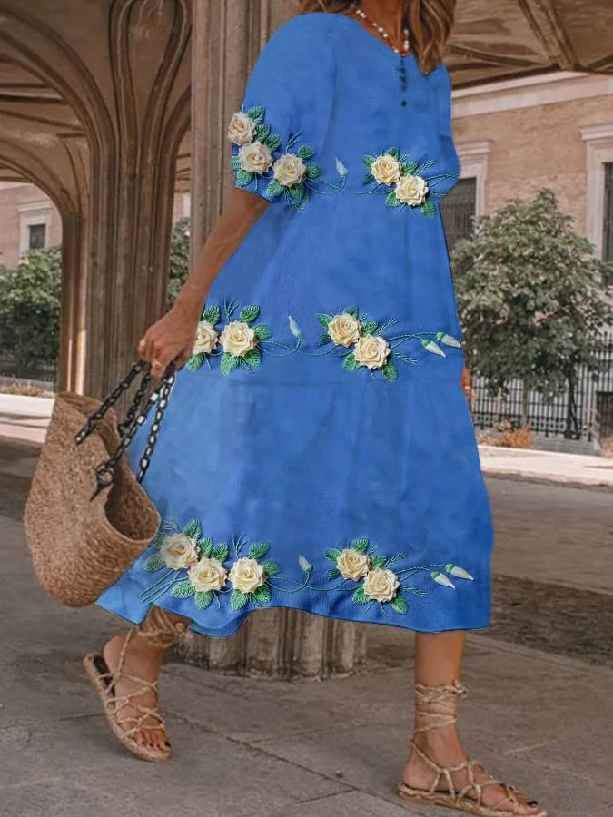 Women's Three-Dimensional Floral Print Lantern Sleeve Dress