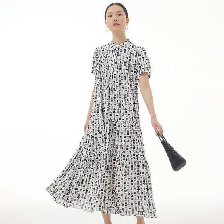 Elegant Half Stand Collar Contrast Color Dots Printed Pleated Short Sleeve Dress      