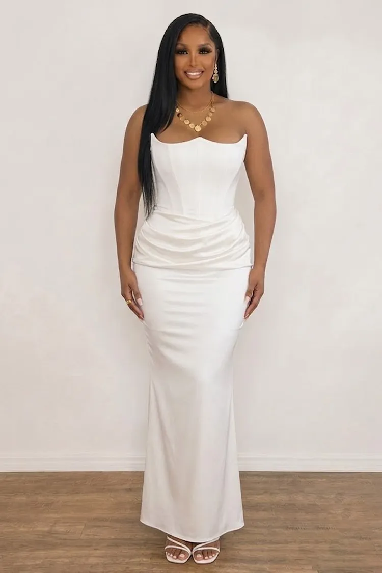 Strapless Fishbone Draped Slim Fit Evening Gowns Maxi Dresses-White