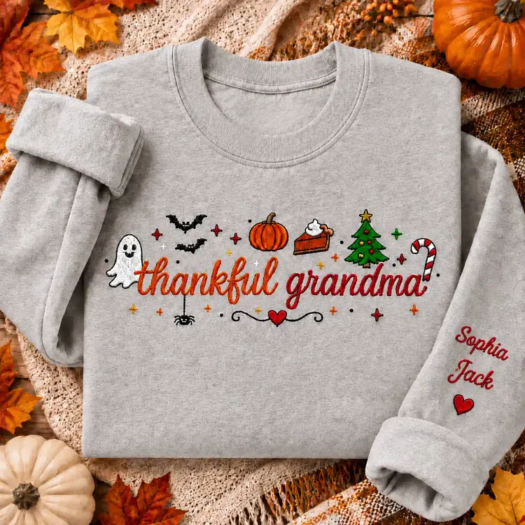 Personalized Grandma Halloween Christmas Sweatshirt, Embroidered Thankful Grandma Pullover, Custom Grandchildren Names Sleeve Fall Holiday Gift