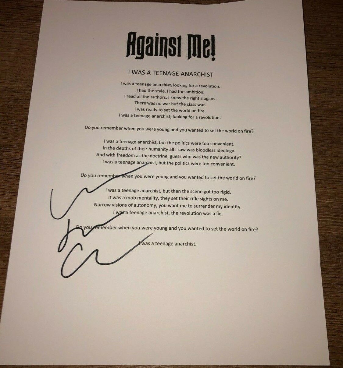 Laura Jane Grace I Was a Teenage Anarchist Against Me! Signed Lyric Sheet (E41)