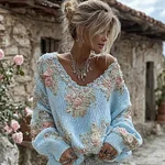 Women's Vintage Pink Flowers Art V-neck Cozy Knit Pullover Sweater - Image 6