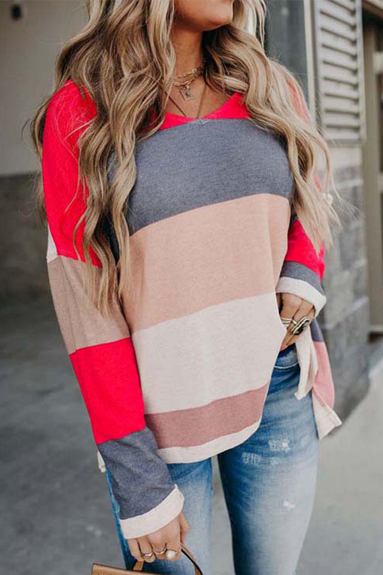Casual Striped Split Joint  Contrast O Neck Tops - Life is Beautiful for You - SheChoic