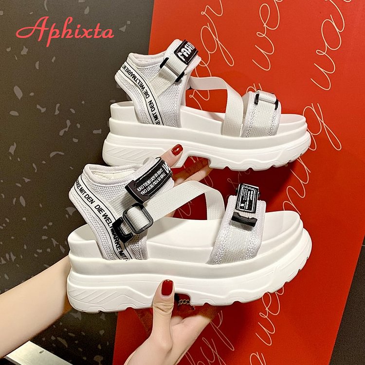 Aphixta 8cm Platform Sandals Women Wedge High Heels Shoes Women Buckle Leather Canvas Summer Zapatos Mujer Wedges Woman Sandal - Shop Trendy Women's Fashion | TeeYours