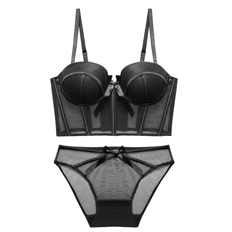 Billionm Women Underwear Sexy Push Up Bra Set Lace Mesh Transparent Brassiere Black Fish Bone Body Shaper Top Bow Decorate Intimates