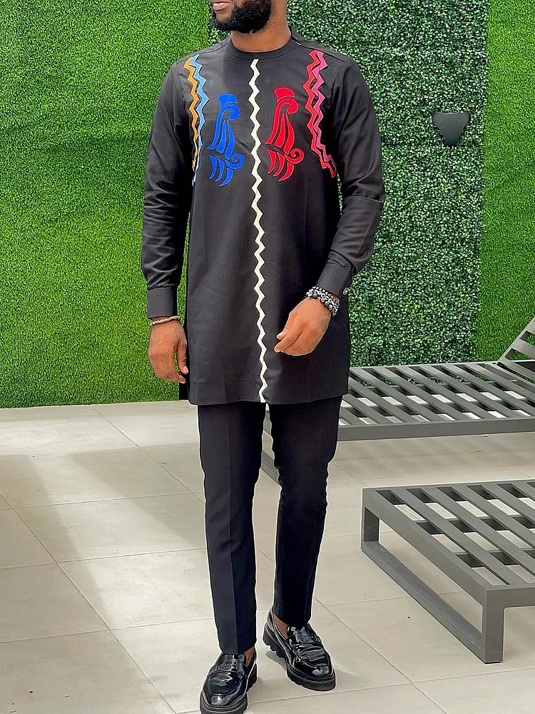 Men's chic casual black geometric print two-piece set