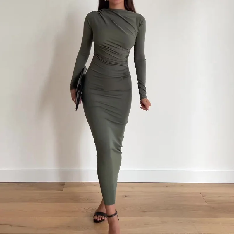 Toloer Toloer 2023 New Solid Color Round Collar Pleated Design Slim Wrap Buttock Dress-Outfit Ideas