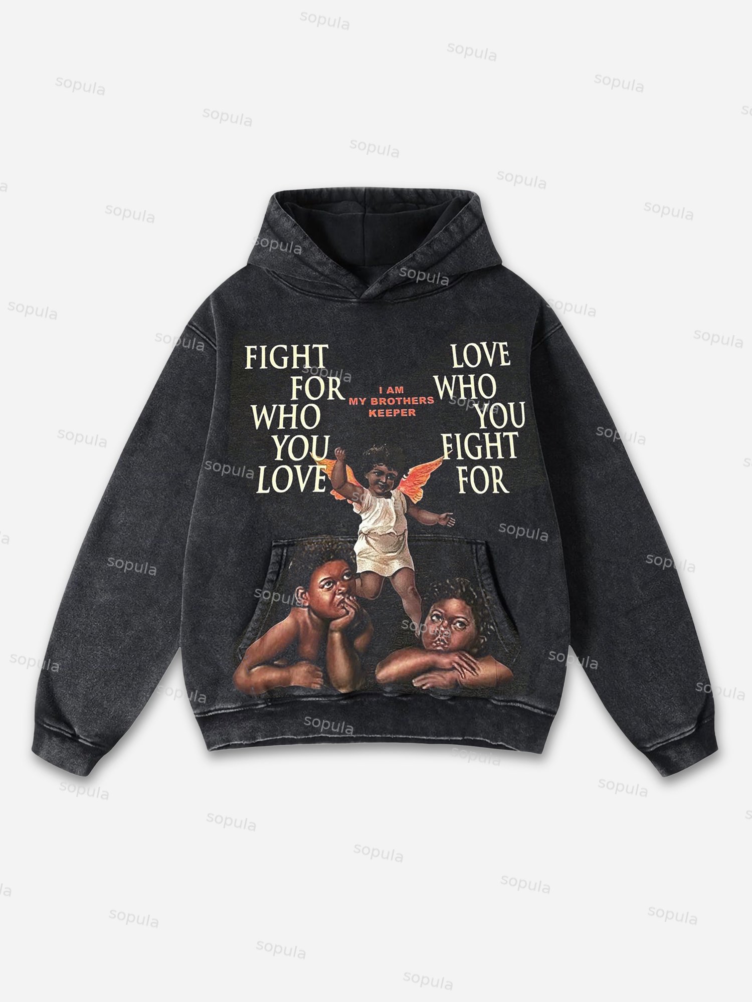 Fight For Who You Love Washed Distressed Pocket Hoodie - Sopula｜Premium Graphic Tees & Graphic Clothing