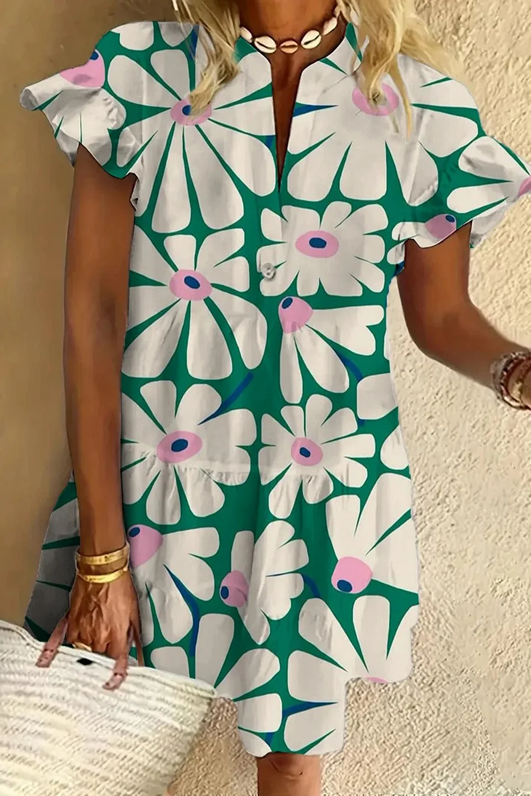 Vintage Floral Print Ruffled Short-sleeved V-neck Buttoned Dress Vacation Beach Dress