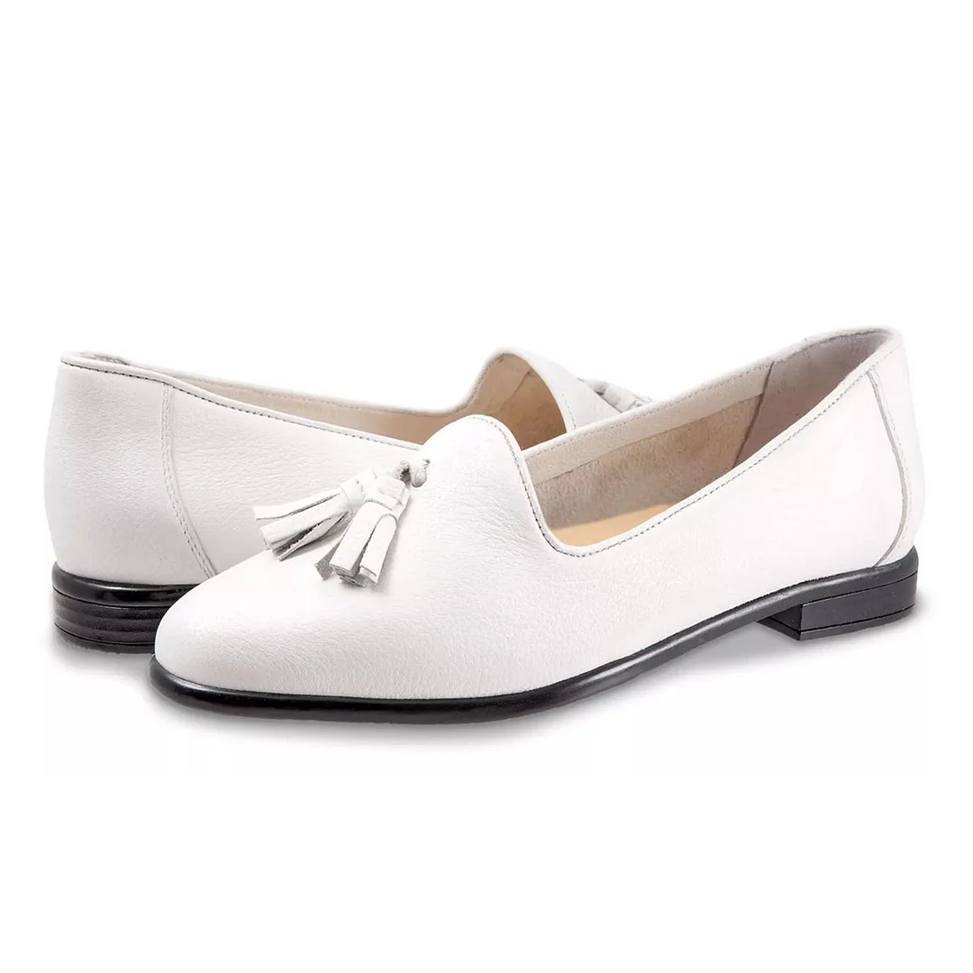 White Vegan Leather Almond Toe Tassel Accents Flat Shoes for Women