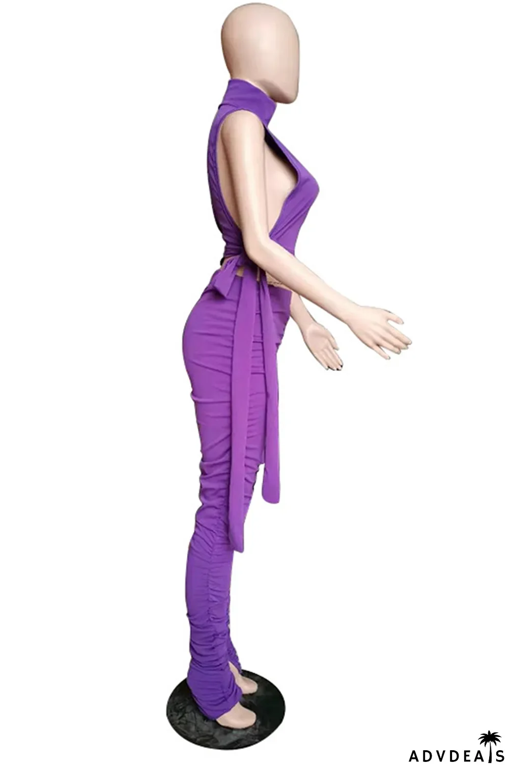 Purple Sexy Solid Split Joint Turtleneck Sleeveless Two Pieces