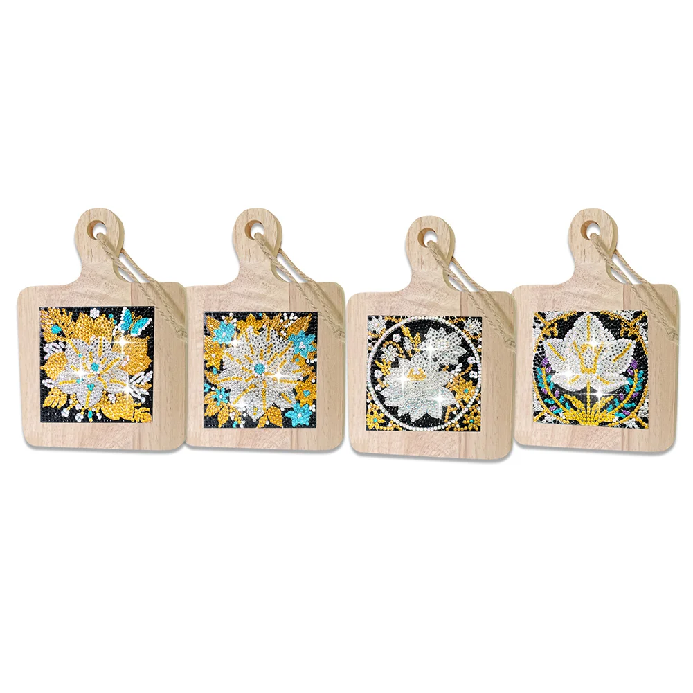 4Pcs Flower Diamond Painting Wooden Serving Tray for Countertop Decoration