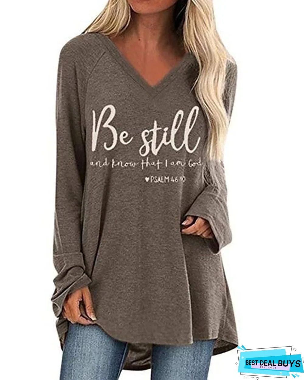 Women's Plus Size T-Shirt Letter Long Sleeve V Neck Tops Loose Cotton Basic Top Black Wine Camel