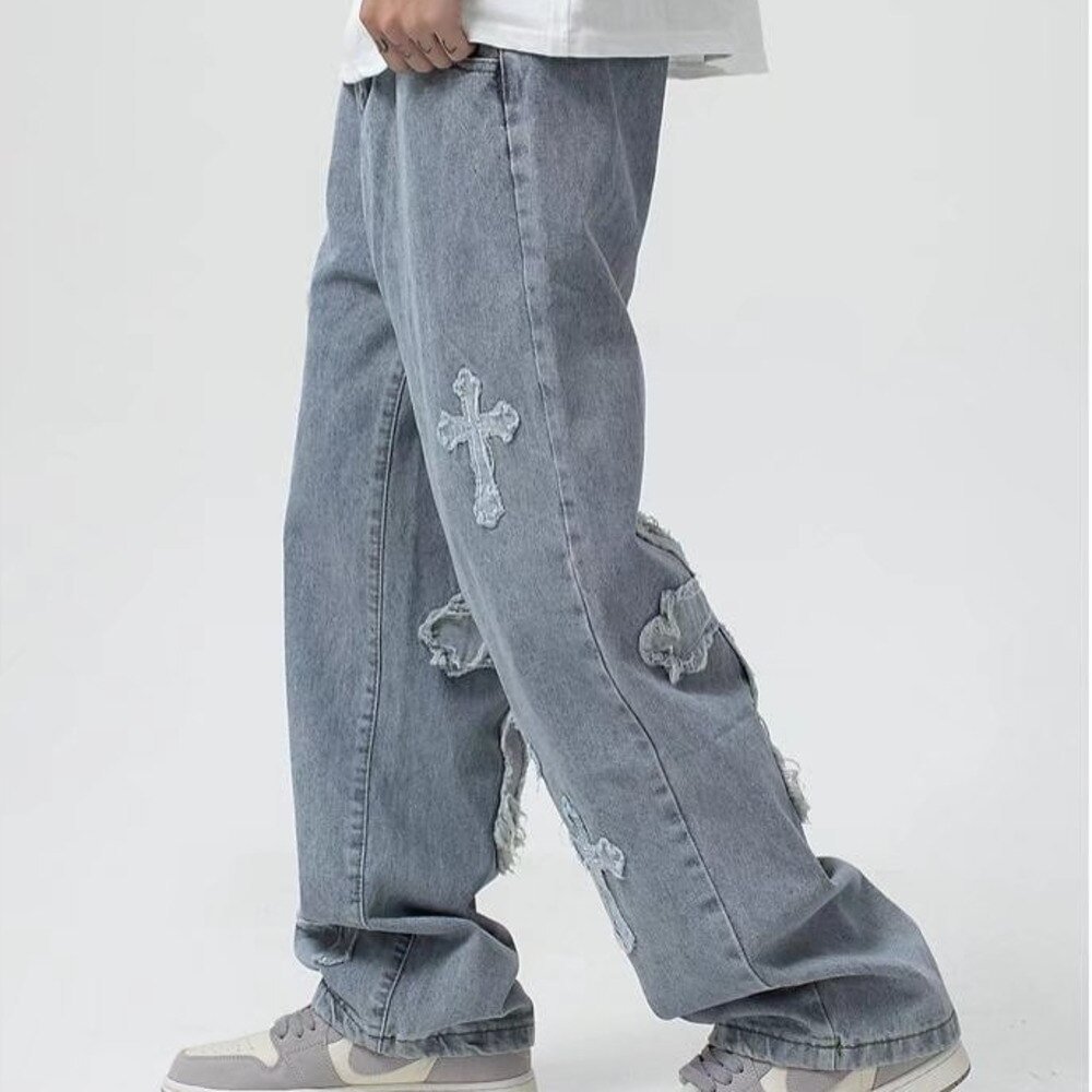 Cross Pattern Streetwear Pants Men's Hip Hop Oversized Jeans-VESSFUL