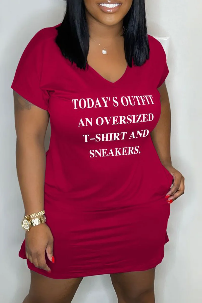 Burgundy Casual Letter Print Basic V Neck Short Sleeve Dress