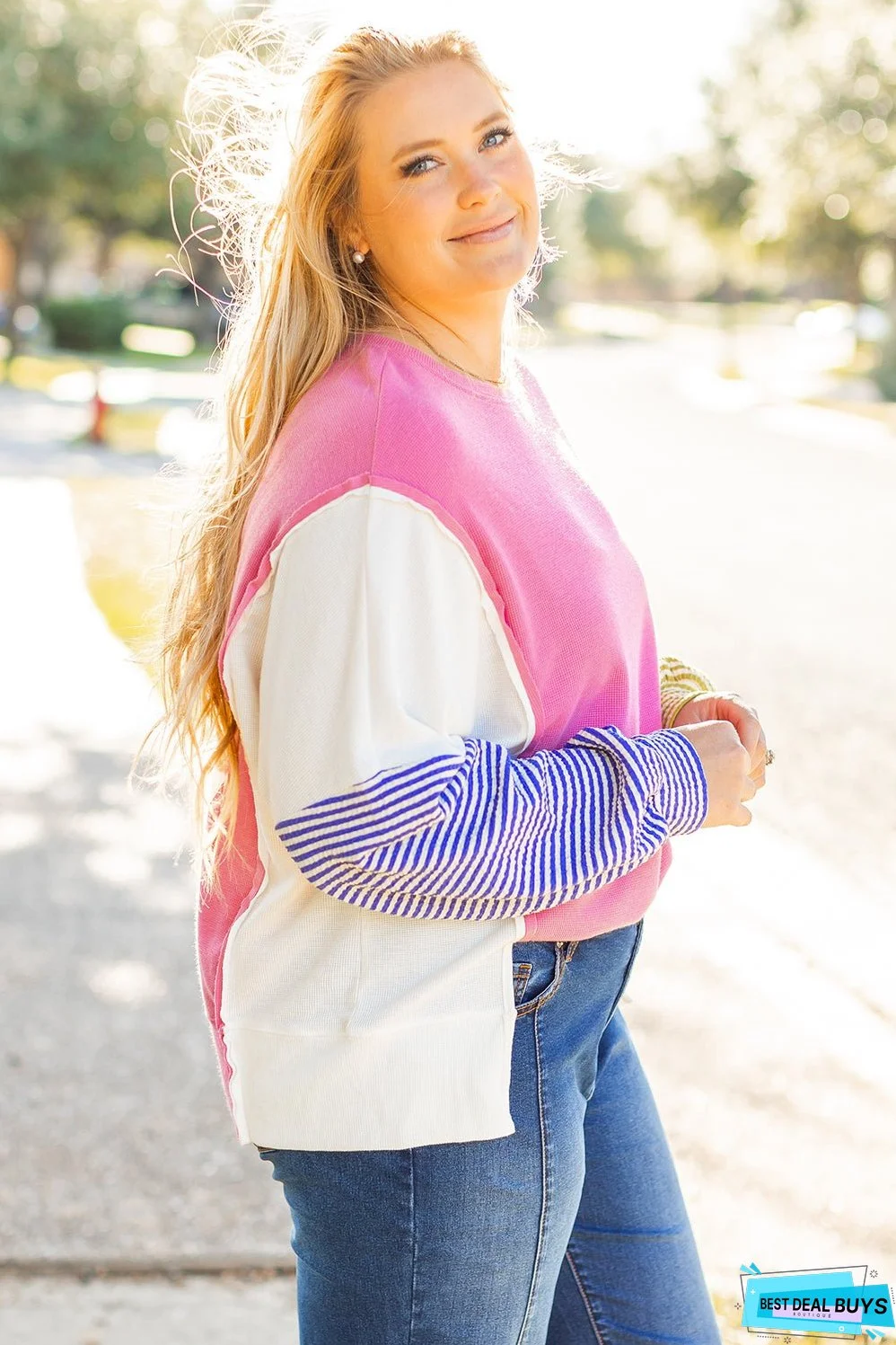 Rose Red Colorblock Patchwork Striped Puff Sleeve Plus Size Top with Slits