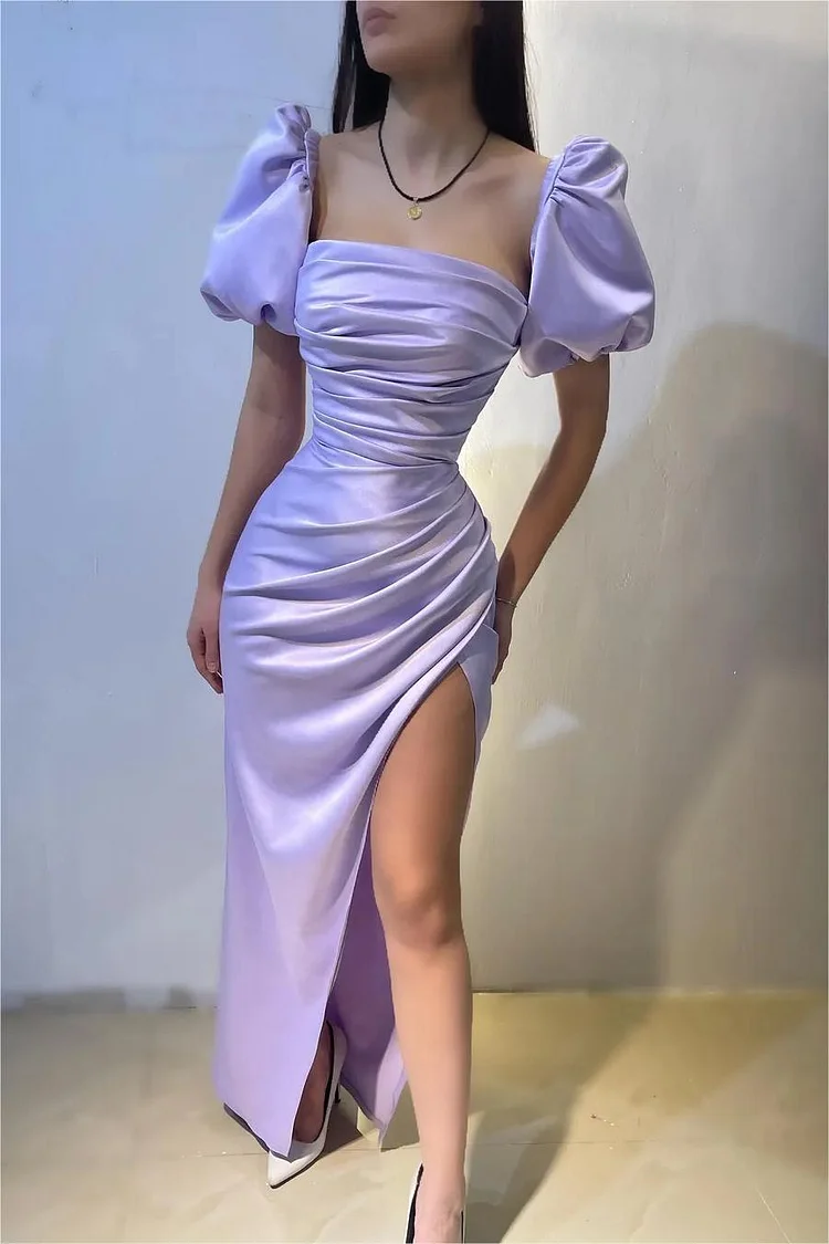 Hellodresses Charming Purple Square Neck Bubble Sleeves Pleated Prom Dress With Split