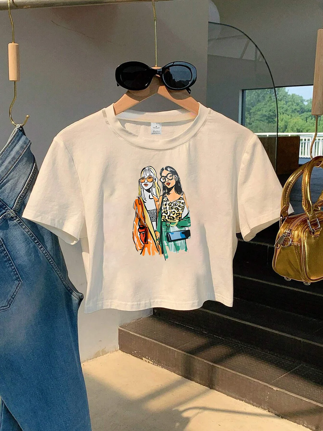 Y2k Women's Cropped Short Sleeve Crew Neck Sweatshirt - Geometric Print Stretchy Top, Machine Washable Spring Summer Casual Streetwear With Japanese Korean Fashion Line, Trendy Outfit, Vibrant Print Design, Comfortable Fit, Casual Attire | IFYHOME