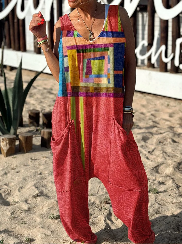 Abstract Pattern Hippie Art Print Casual 100% Cotton Wide Leg Jumpsuit