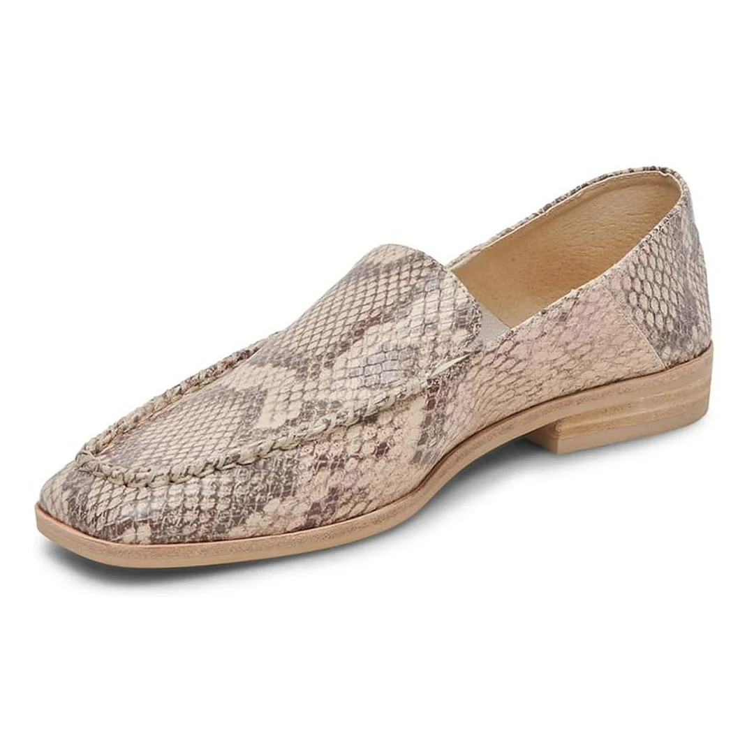 Beige Python Pattern Square Toe Flat Slip-On Women's Loafers