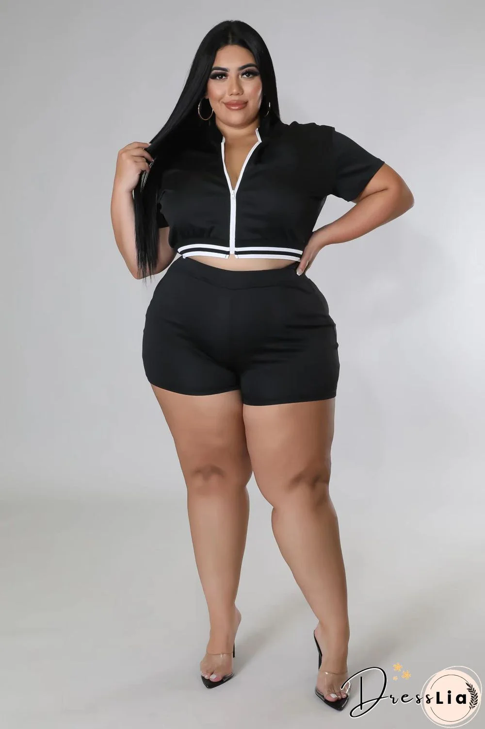 5XL Zipper Crop Tops Biker Shorts Plus Size Tracksuits