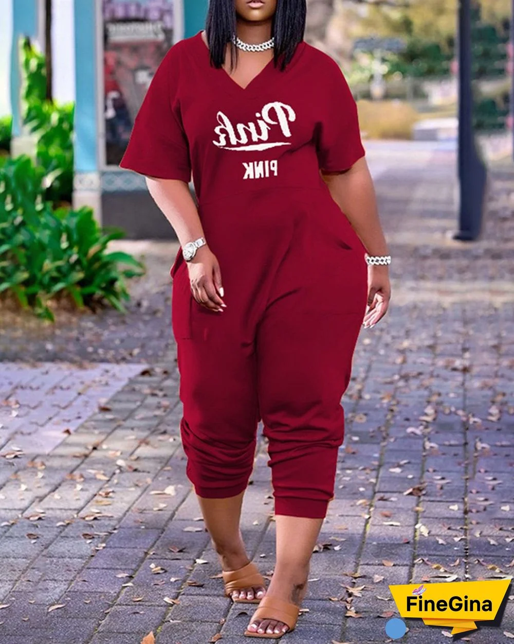 Letter Print V-Neck Short Sleeve Pocket Design Jumpsuit