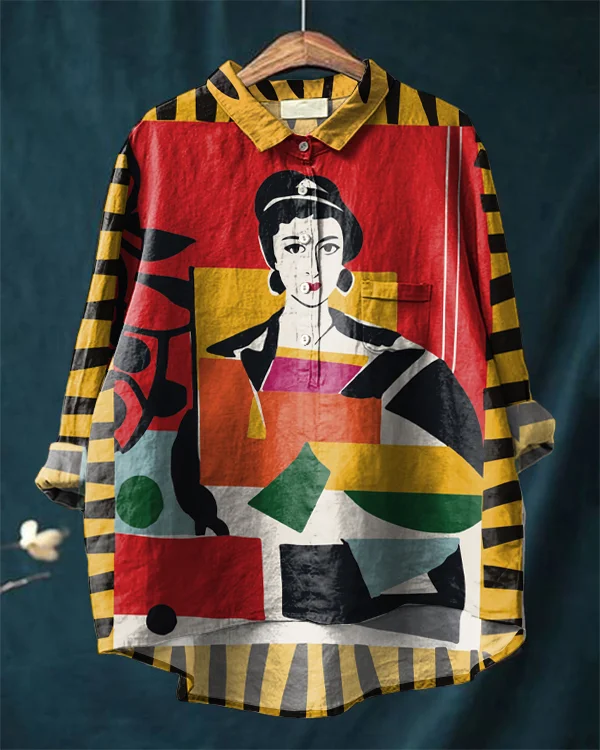 Vintage Abstract Color Block Art Print Cotton and Linen Shirt