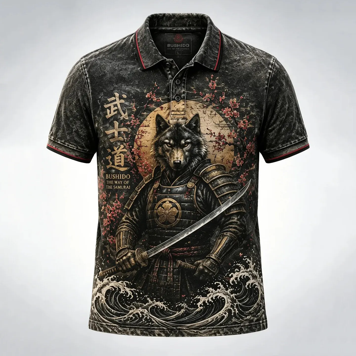 Men's Retro Wolf Samurai Japanese Art Print Short-sleeve Polo Shirt  artssus