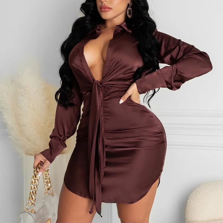 Solid Deep V-Neck Button Detailed Bandage Shirt Dress - IRBOOM Fashion Clothing