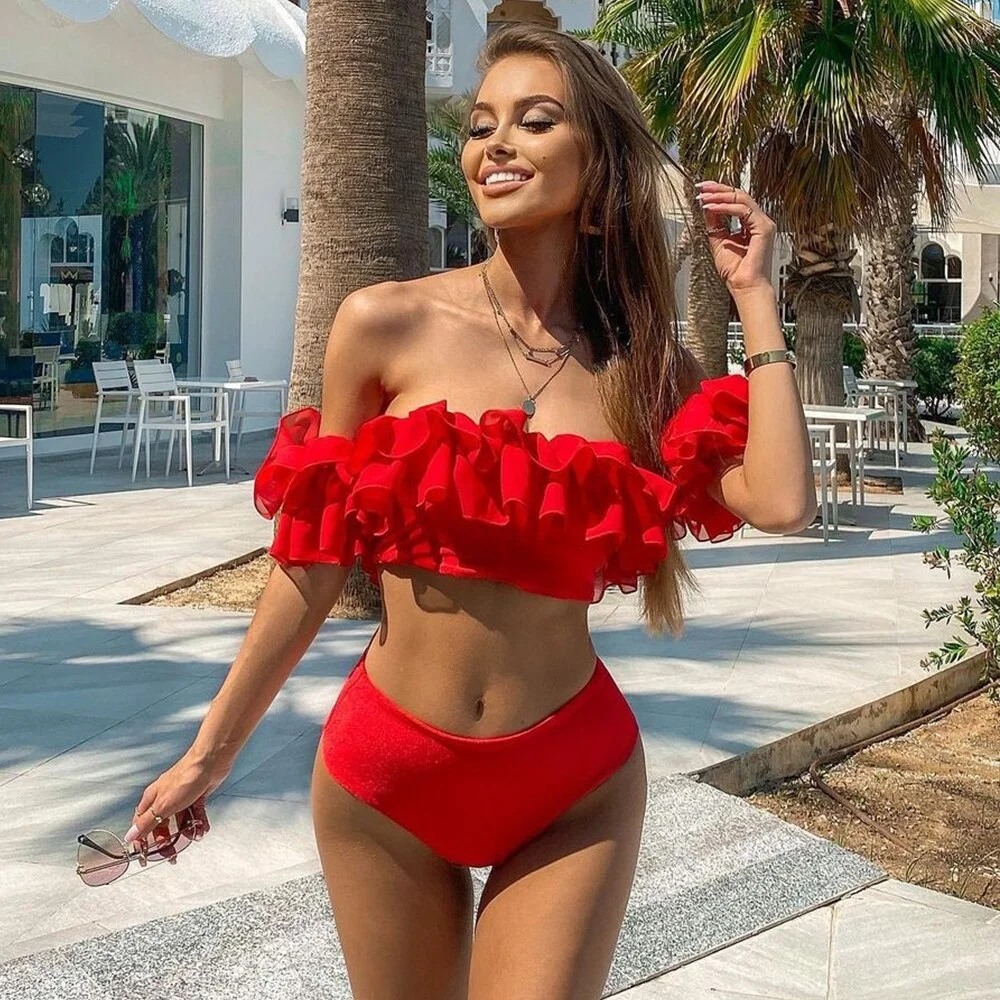 2021 Sexy Double Ruffle Bikinis Women Swimsuit Solid High Waist Swimwear Off The Shoulder Bathing Suit Beachwear Bandeau Biquini