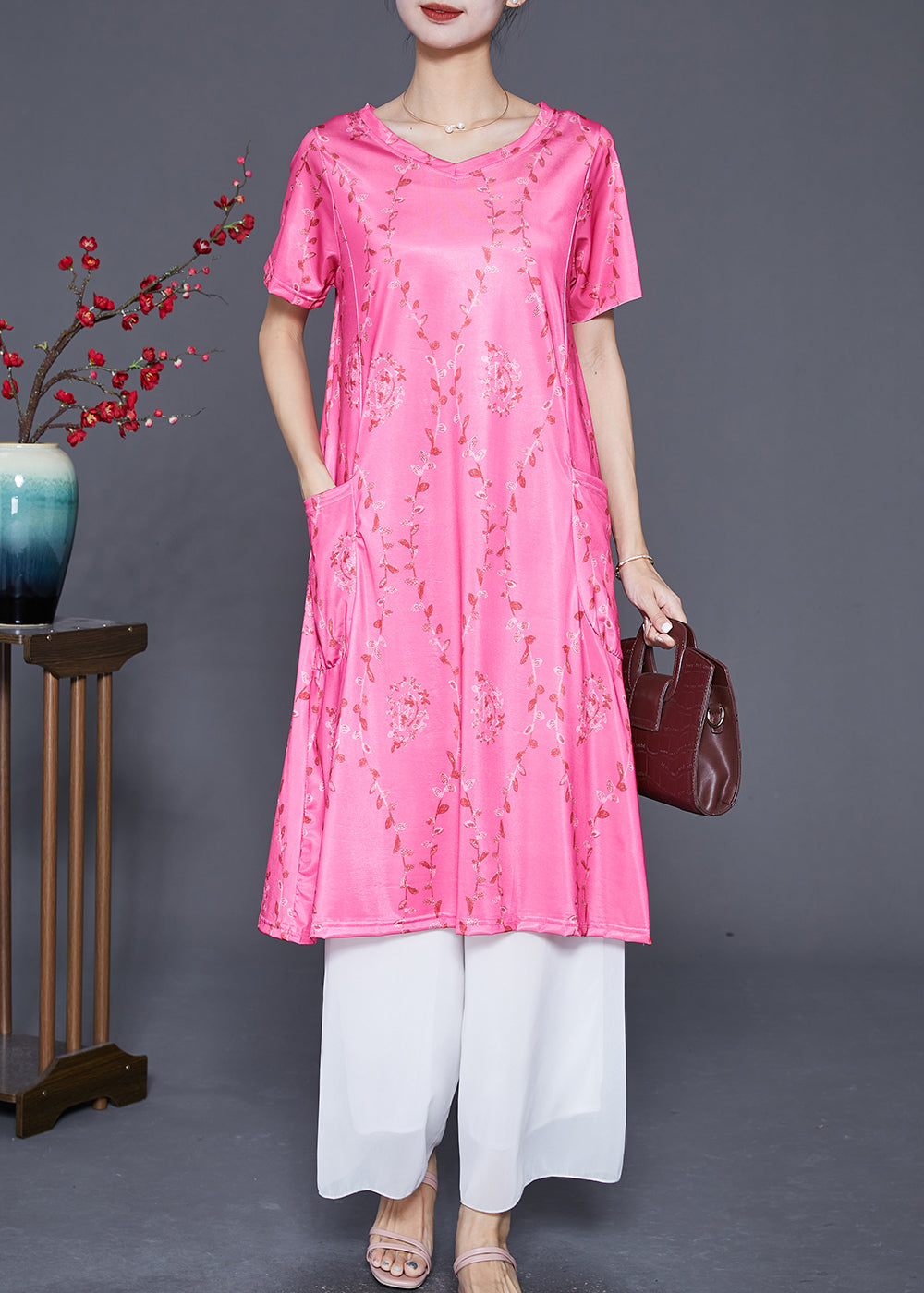 VCSHOES Rose V Neck Print Chiffon Mid Dresses Summer