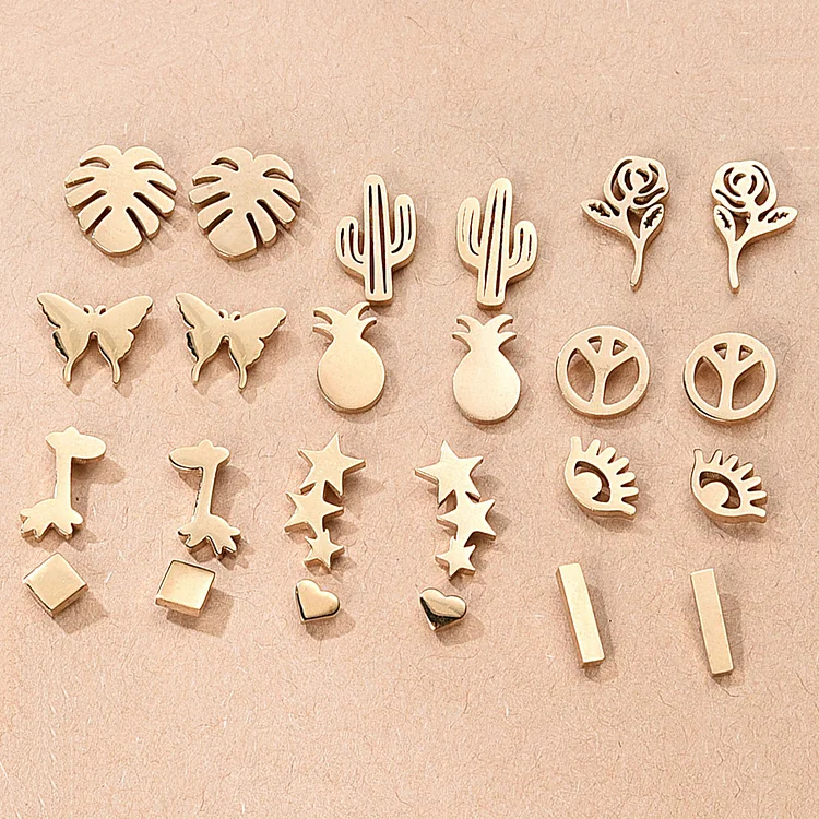 12pair/set Gold Color Stainless Steel Stud Earrings for Women Minimalist Star Heart Butterfly Flower Shape Tiny Studs Jewelry