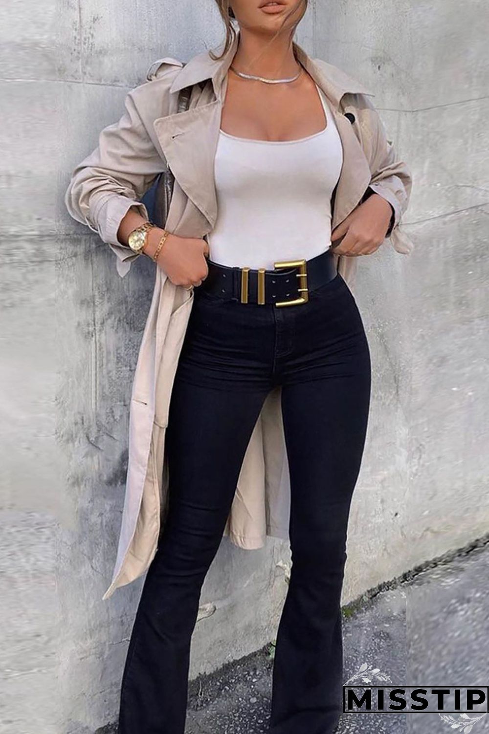 Black Casual Street Solid Patchwork High Waist Boot Cut Denim Jeans