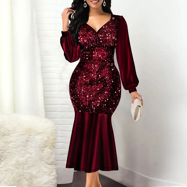 Sequins V-Neck Long Sleeve Fishtail Party Dress - IRBOOM Fashion Clothing